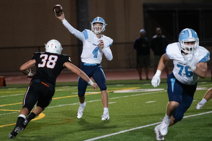 Corona del Mar quarterback Ethan Garbers throws the ball during their Sunset League opener at Huntington Beach High School on Thursday, October 3, 2019. (Photo By Jeff Antenore, Contributing Photographer)