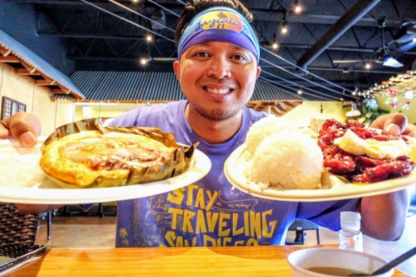 The author shows Bibingka and Tocino Filipino Breakfast at Manila Sunset in Mira Mesa.
