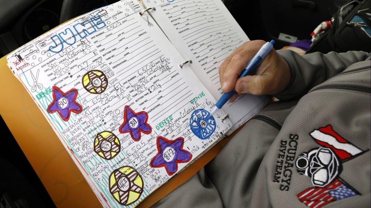 Rog Hanson makes careful notes after all his dives. He has given each of his four seahorses a unique logo. (Carolyn Cole / Los Angeles Times)