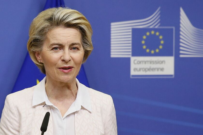 European Commission President Ursula von der Leyen makes a statement on camera regarding Brexit negotiations, after a phone call with British Prime Minister Boris Johnson, at EU headquarters in Brussels, Saturday, Dec. 5, 2020. (Julien Warnand)