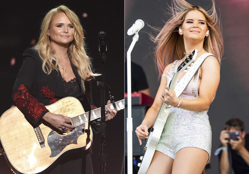 Miranda Lambert performs at the 53rd annual Academy of Country Music Awards in Las Vegas on April 15, 2018, left, and Maren Morris performs at the Bonnaroo Music and Arts Festival in Manchester, Tenn. on June 15, 2019. Lambert and Morris are the leading nominees for the 2021 CMT Music Awards. (AP Photo)