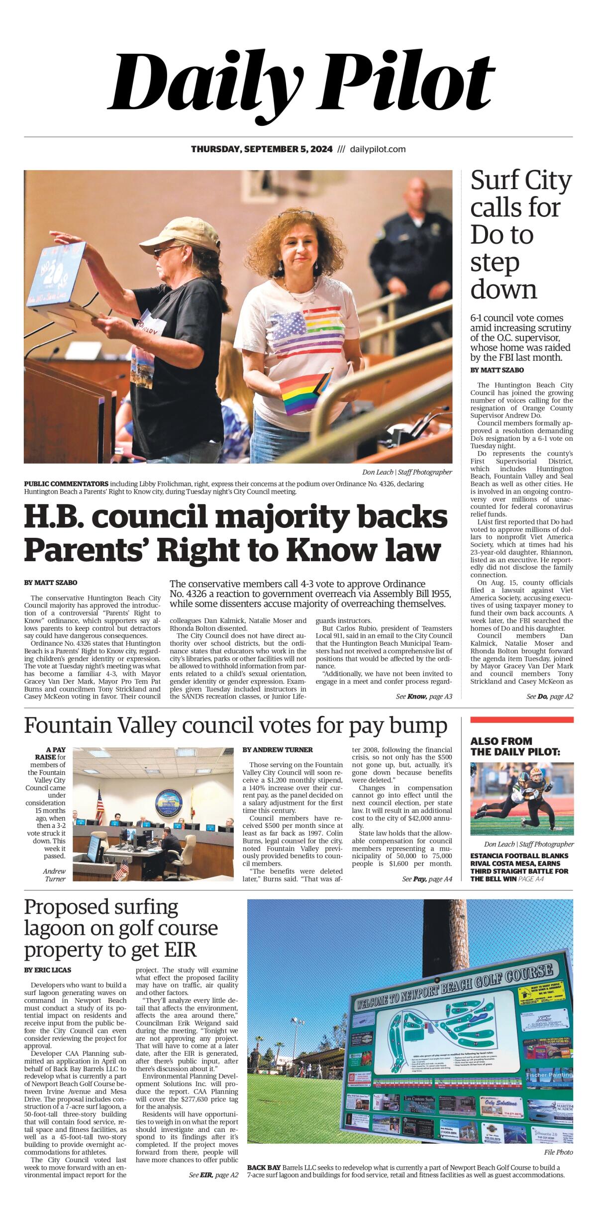 Front page of the Daily Pilot e-newspaper for Thursday, Sept. 5, 2024.