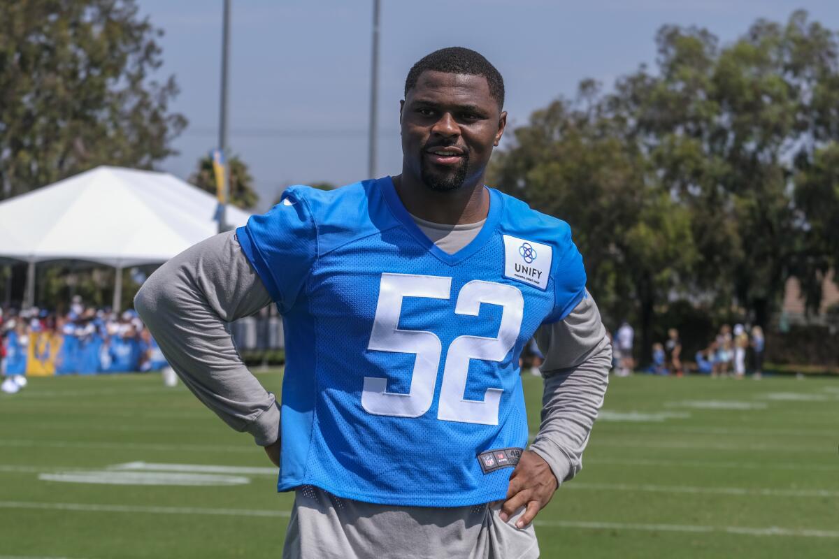 Chargers outside linebacker Khalil Mack takes part in practice drills in July.