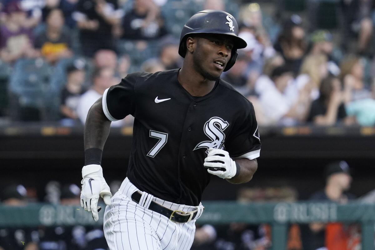 Chicago White Sox star Tim Anderson runs to first base after hitting a single against the New York Yankees on May 14.