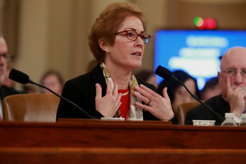 WASHINGTON, DC., NOVEMBER 15, 2019—President Donald Trump called her BAD NEWS, and Trump's personal lawyer, Rudy Giuliani, sought her removal as ambassador to Ukraine, suggesting she was undermining the president. Today, ex-ambassador Marie Yovanovitch, a career diplomat with decades of overseas experience, is pushing back and telling lawmakers in second of the scheduled open session Hearing. (Kirk McKoy / Los Angeles Times)