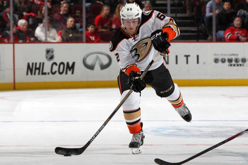 Ducks forward Chris Wagner takes a shot against the Devils in March.