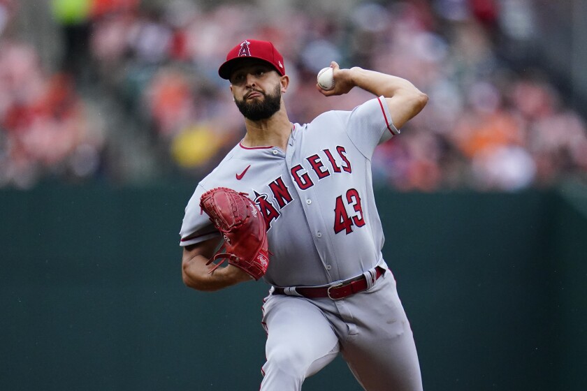 Angels starter Patrick Sandoval throws a pitch during the first inning July 9, 2022, in Baltimore.