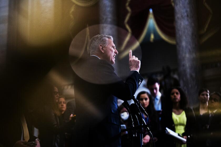 UNITED STATES - JANUARY 12: Speaker of the House Kevin McCarthy, R-Calif., conducts a news conference in the U.S. Capitols Statuary Hall on Thursday, January 12, 2023. (Tom Williams/CQ-Roll Call, Inc via Getty Images)