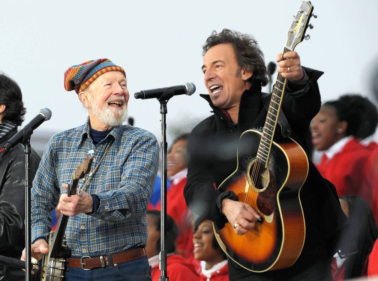 Pete Seeger, left, and Bruce Springsteen perform at the We are One Inaugural Celebration at the Lincoln Memorial on January 18, 2009 in Washington, DC.