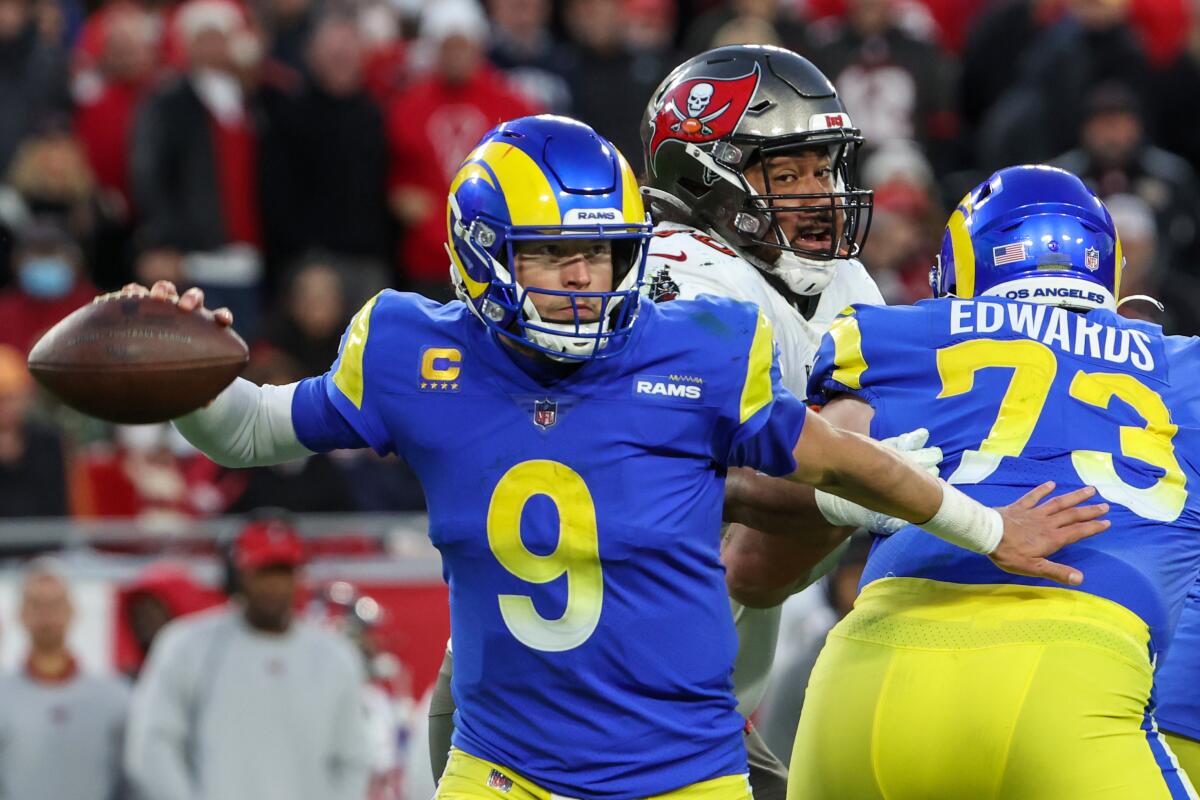 Rams quarterback Matthew Stafford looks to pass during a 30-27 victory over the Tampa Bay Buccaneers.