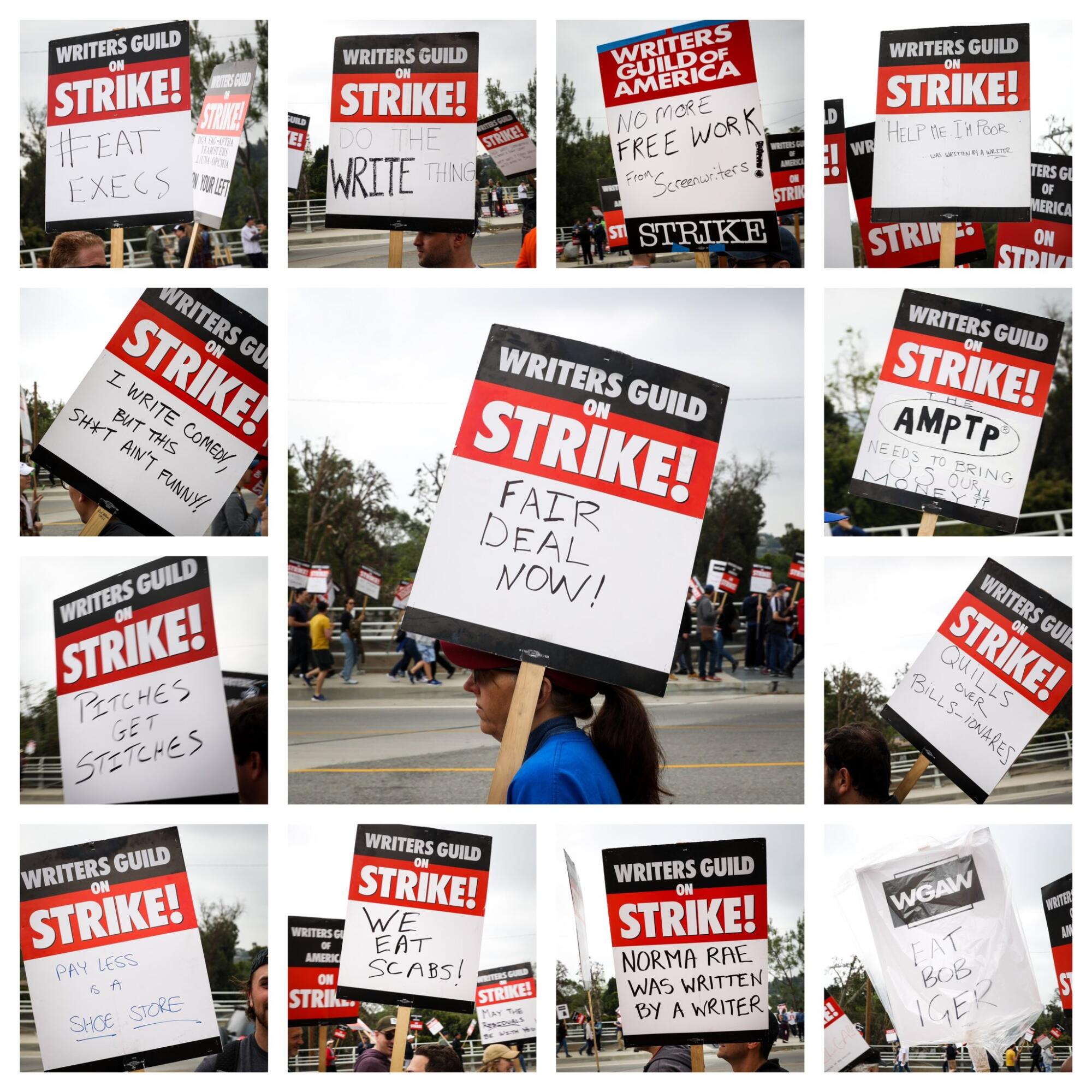 A grid of signs from writers picketing outside CBS Radford Studio Center.