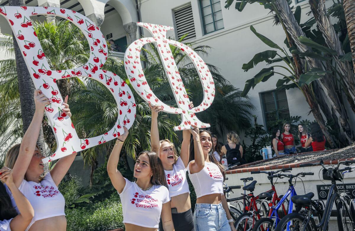 Sorority members from Pi Beta Phiat pose for a photo atSDSU on students first day back to school.