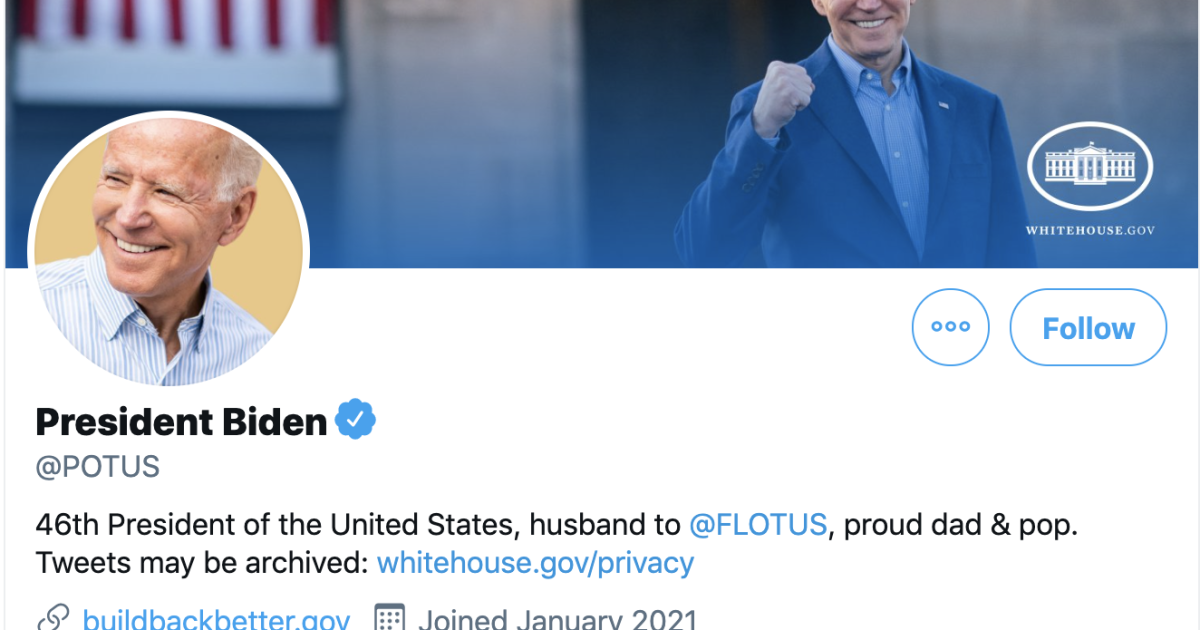 The Twitter account @POTUS now belongs to Joe Biden