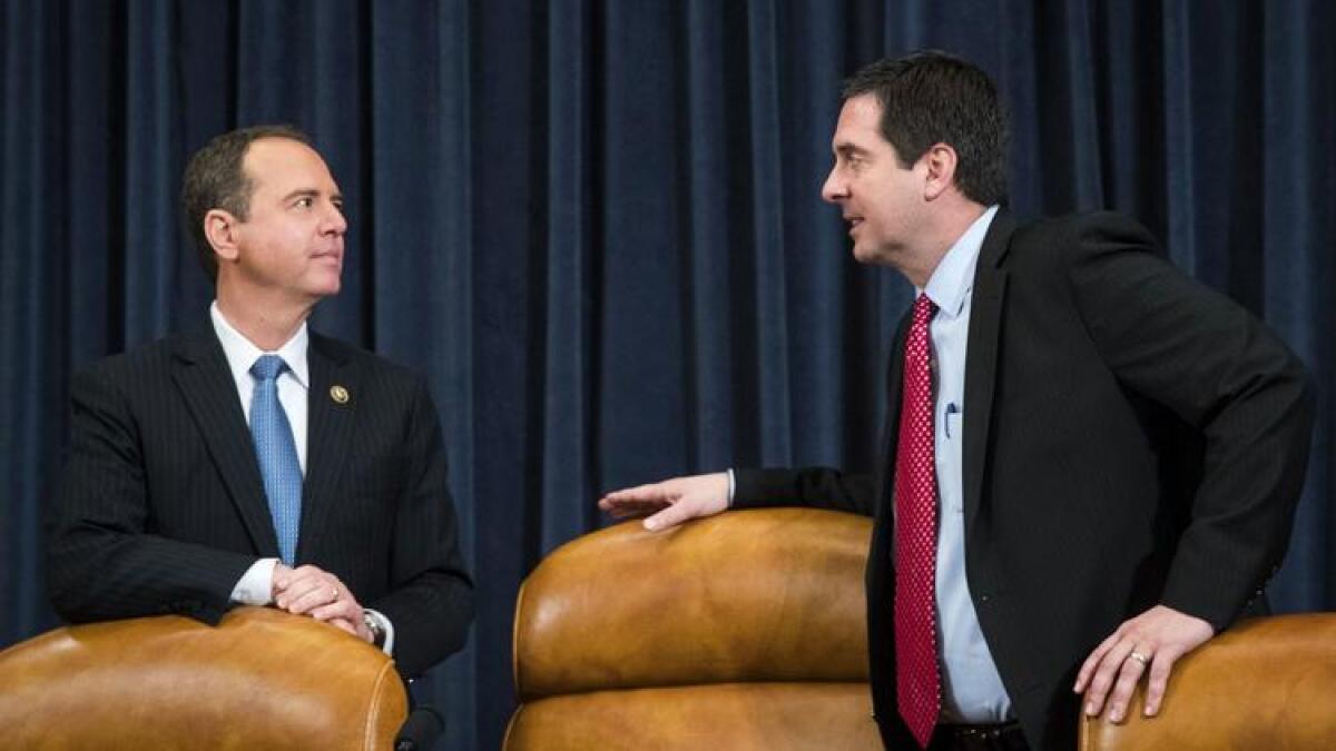 Reps. Adam Schiff (D-Burbank), left, and Devin Nunes (R-Tulare), leaders of the House Intelligence Committee.