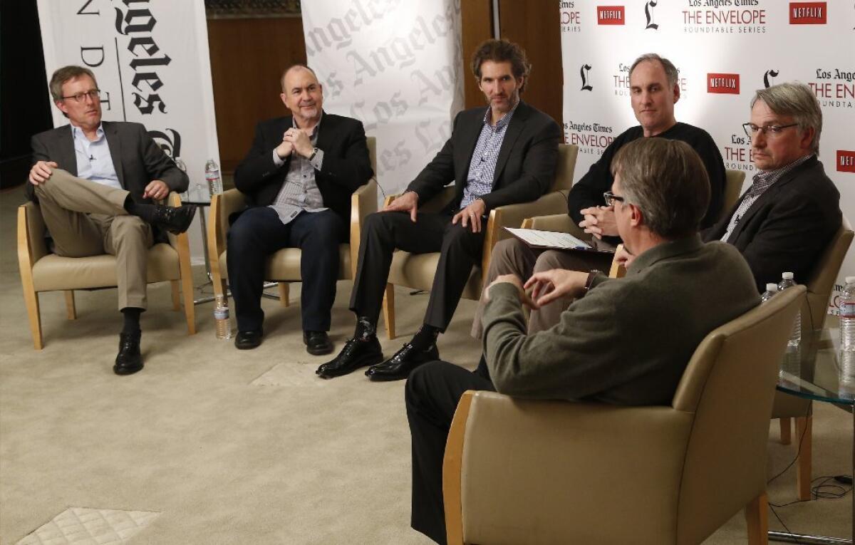 A panel of top TV showrunners including Alex Gansa, from left, Terence Winter, David Benioff, Times moderator Martin Miller, Glen Mazzara and Vince Gilligan -- gathered at The Times for an Envelope Emmy Roundtable discussion.