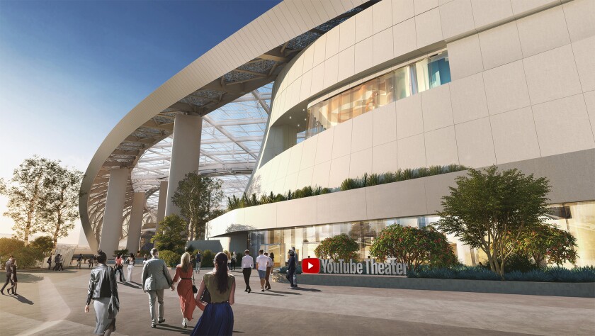In a rendering, people walk by YouTube Theater, which is expected to open this summer in Inglewood.