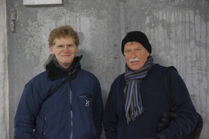 In this photo released by the World Food Prize Foundation, Cary Fowler, left, and Geoffrey Hawtin are shown Feb. 24, 2014, at the Svalbard Global Seed Vault in Norway. On Thursday, May 9, 2024, Fowler and Hawtin were awarded the World Food Prize because of their key roles in creating the seed vault, which now holds 1.25 million seed samples from almost every country in the world. Seeds vaults are important to ensuring the viability of agricultural crops, especially amid a changing climate. (World Food Prize Foundation via AP)
