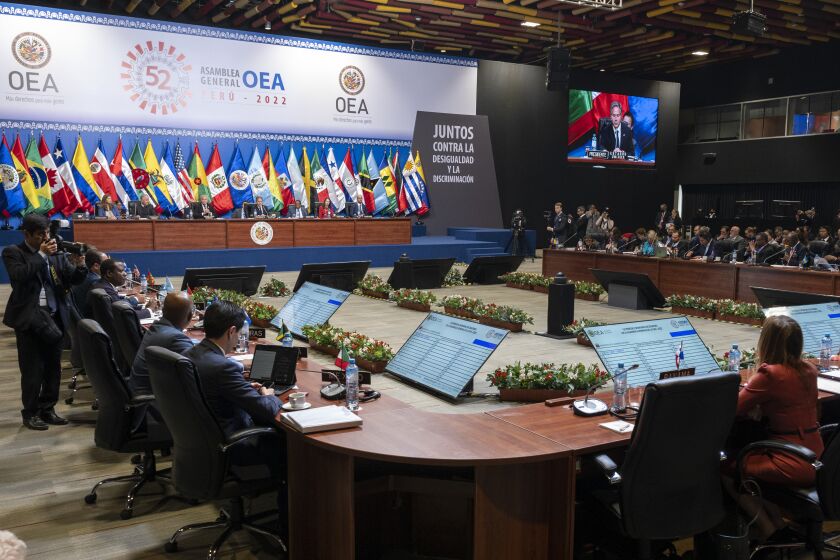 Leaders attend the Ministerial Meeting of the Summit Implementation Review Group during the 52nd General Assembly of the Organization of American States (OAS) in Lima, Peru, Thursday, Oct. 6, 2022. (Cris Bouroncle/Pool photo via AP)