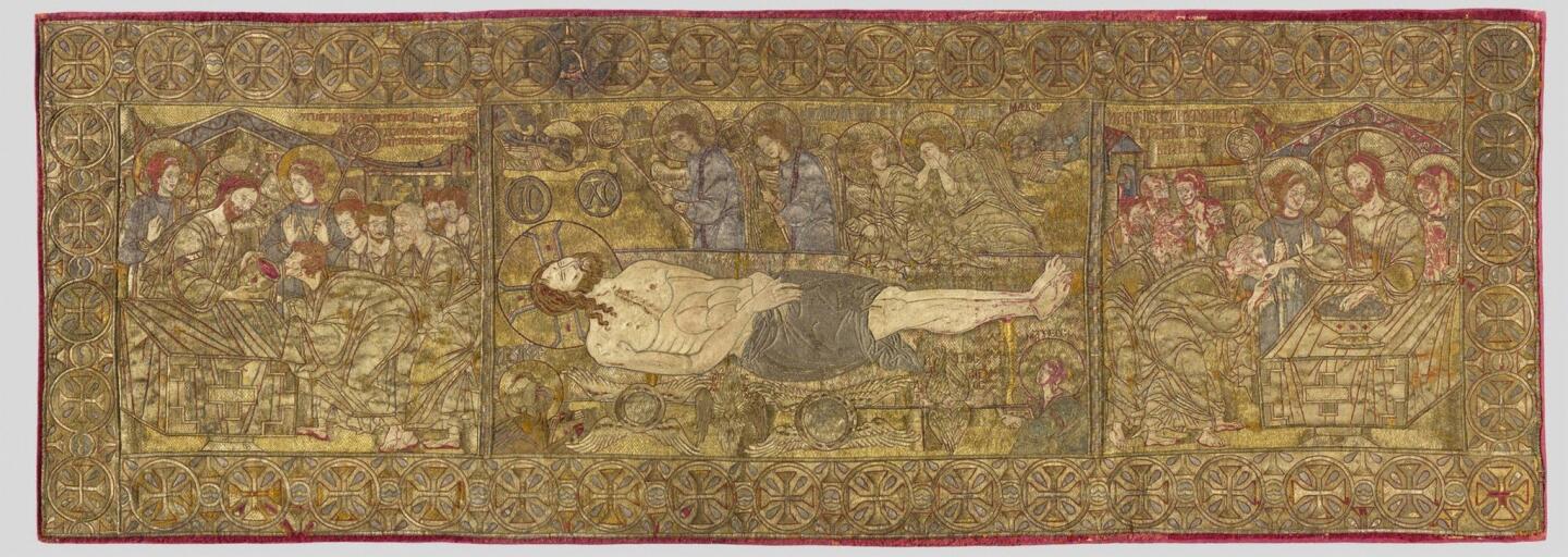 A silk and linen embroidered tapestry circa 1300 depicts Christ on a slab with Communion symbols of the body and blood surrounding the main image.