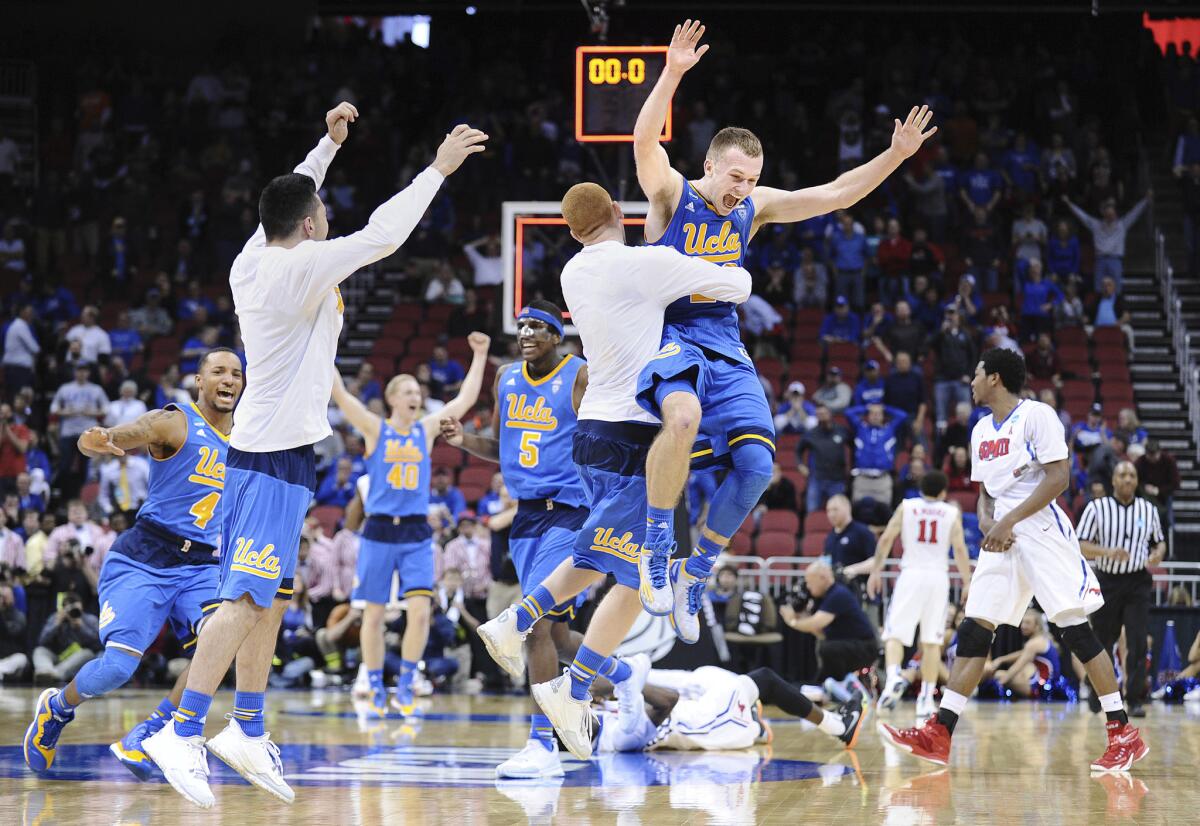 UCLA guard Bryce Alford celebrates after the No. 11 Bruins upset No. 6 Southern Methodist, 60-59, in the second round of the NCAA tournament.