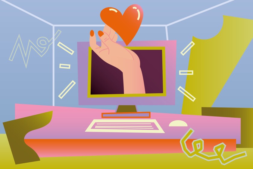 A hand reaching out of a computer monitor tosses out a heart.