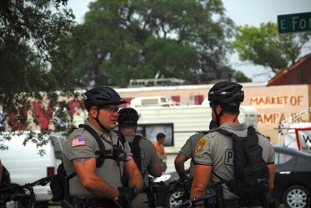Tampa police confer across the street from the Occupy RNC protest on Aug. 27, 2012.