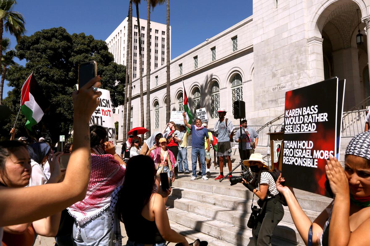 Palestinian Youth Movement, Stop LAPD Spying, Party for Socialism and Liberation, and others attend press conference