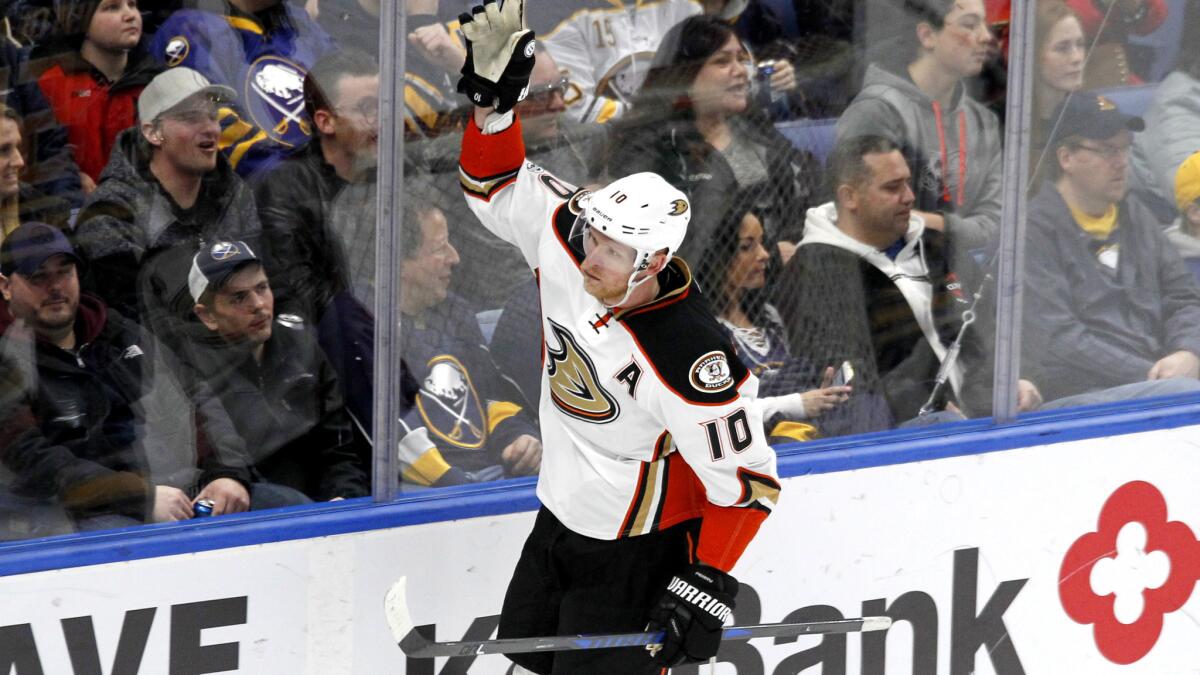 Ducks forward Corey Perry (10) celebrates after scoring a goal against the Sabres in the third period Thursday night in Buffalo.
