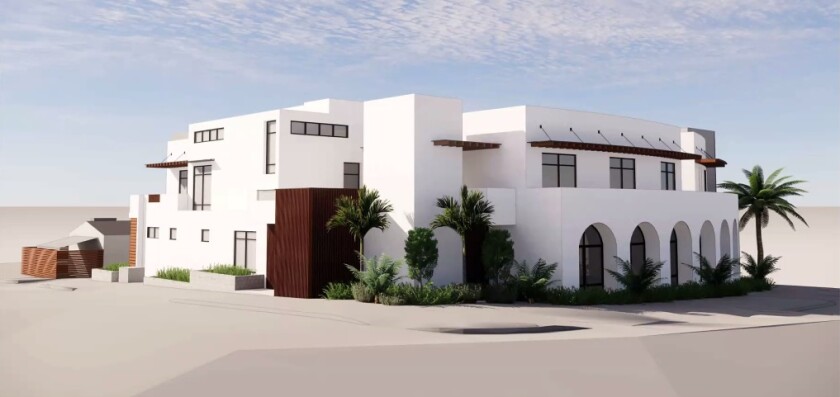 A rendering depicts the proposed Gravilla Townhomes development at 6710 La Jolla Blvd.