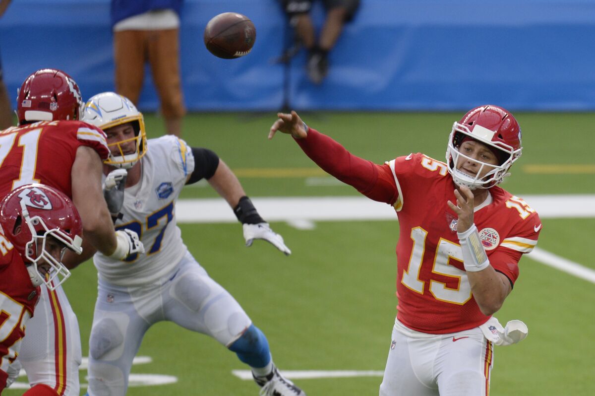 Kansas City Chiefs quarterback Patrick Mahomes throws against the Chargers at SoFi Stadium