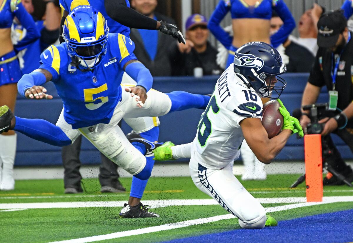 Seahawks wide receiver Tyler Lockett beats Rams defensive back Jalen Ramsey for a touchdown on Sunday.