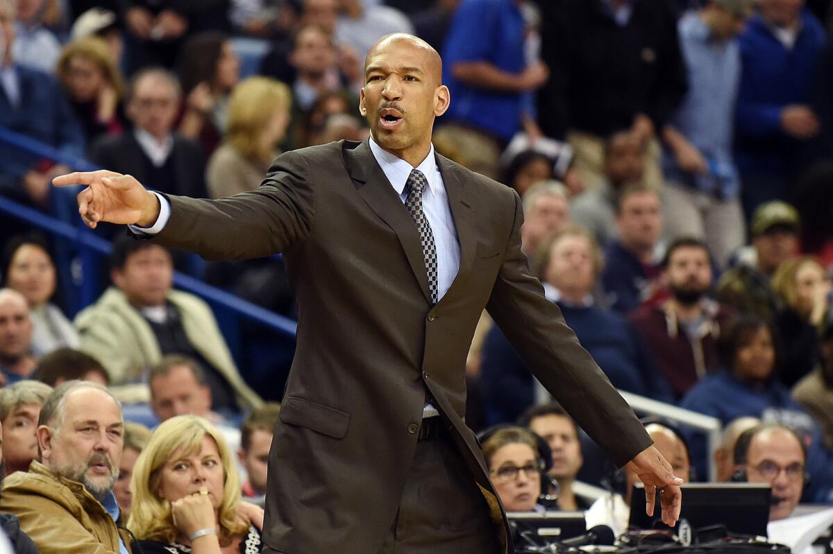 Head coach Monty Williams of the New Orleans Pelicans directs his team during the second half of a game against the Brooklyn Nets at the Smoothie King Center on February 25, 2015 in New Orleans, Louisiana.