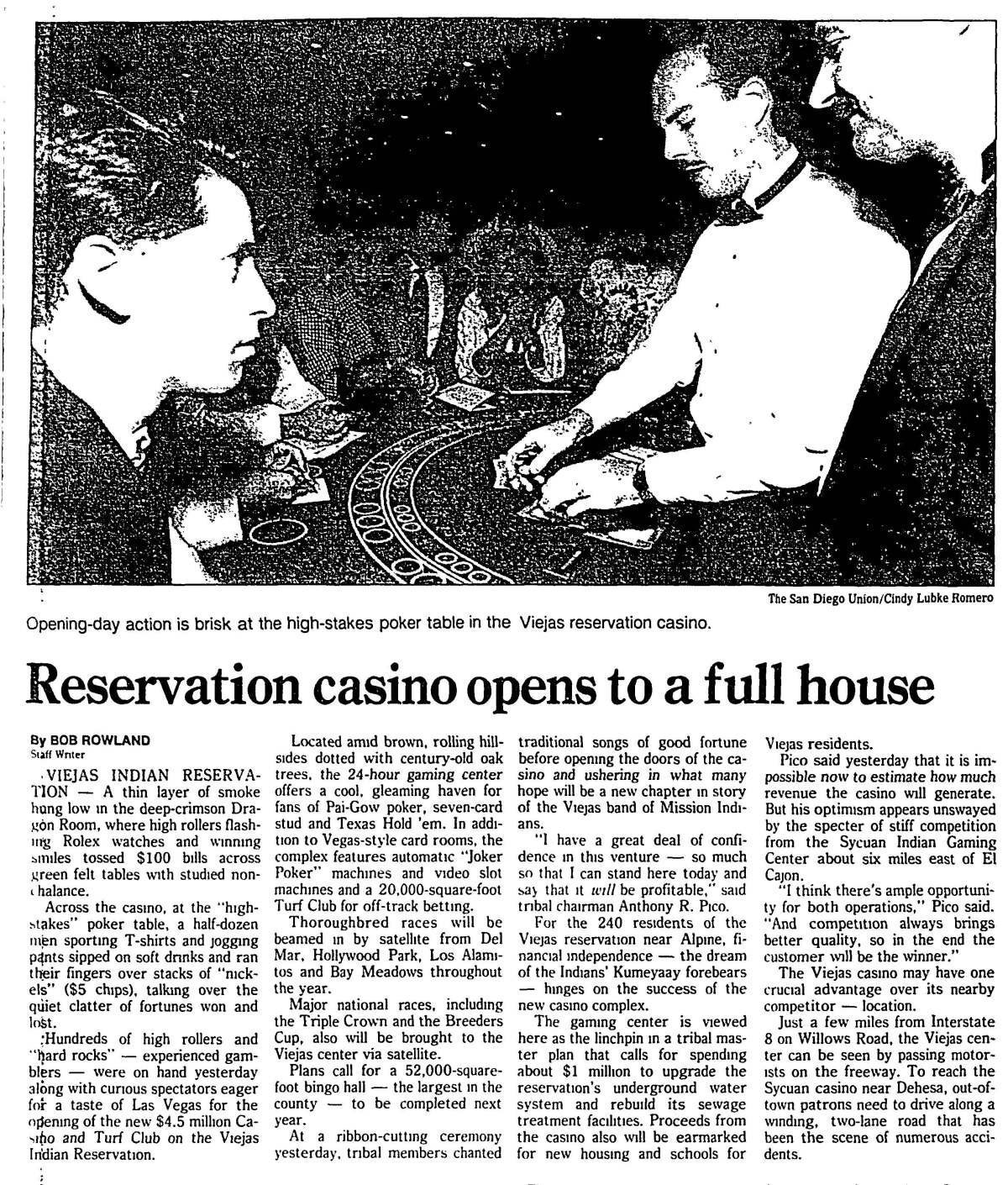 "Reservation casino opens to a full house" article published in The San Diego Union-Tribune Sept. 14, 1991.