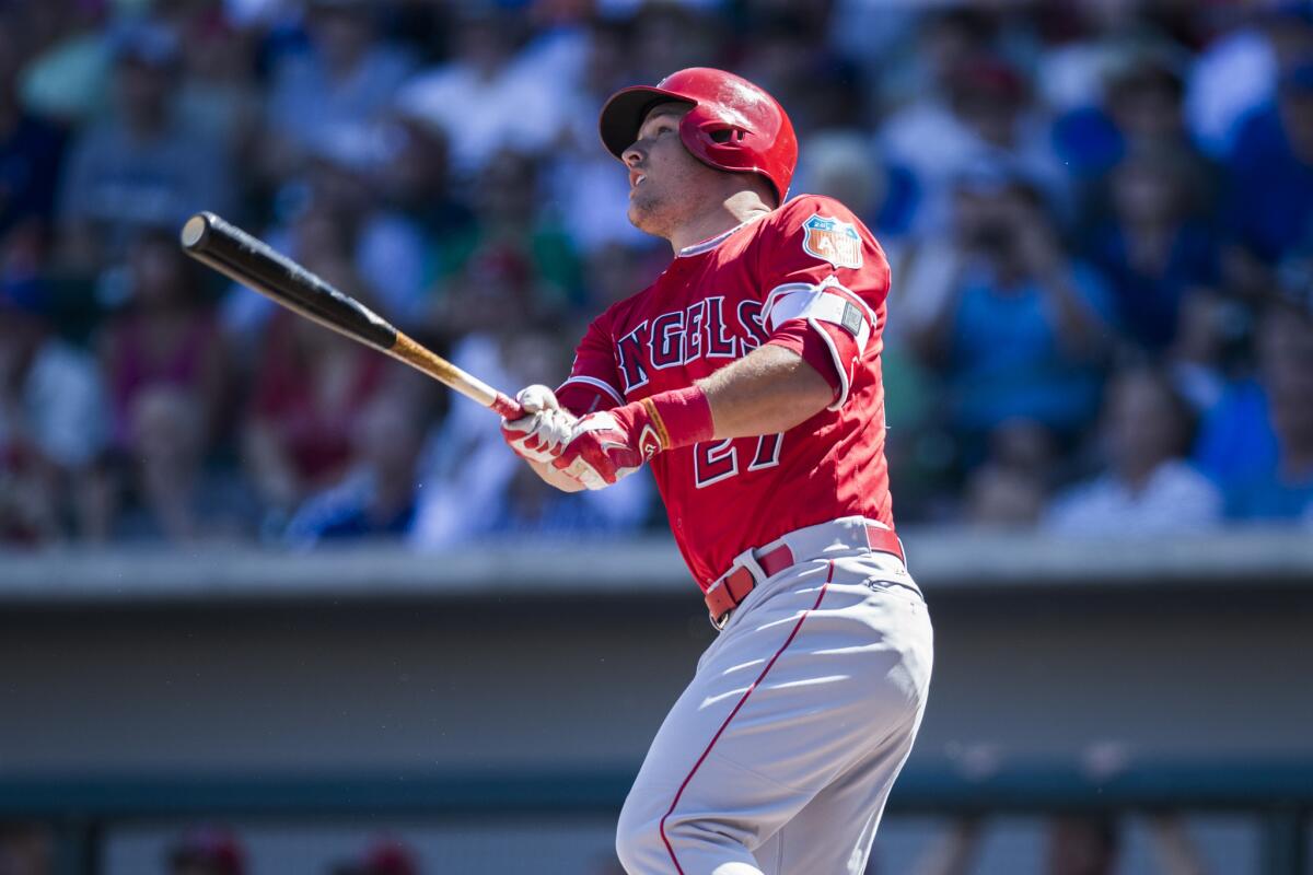 Mike Trout bats for the Angels bats during a spring training game against the Chicago Cubs on March 4.