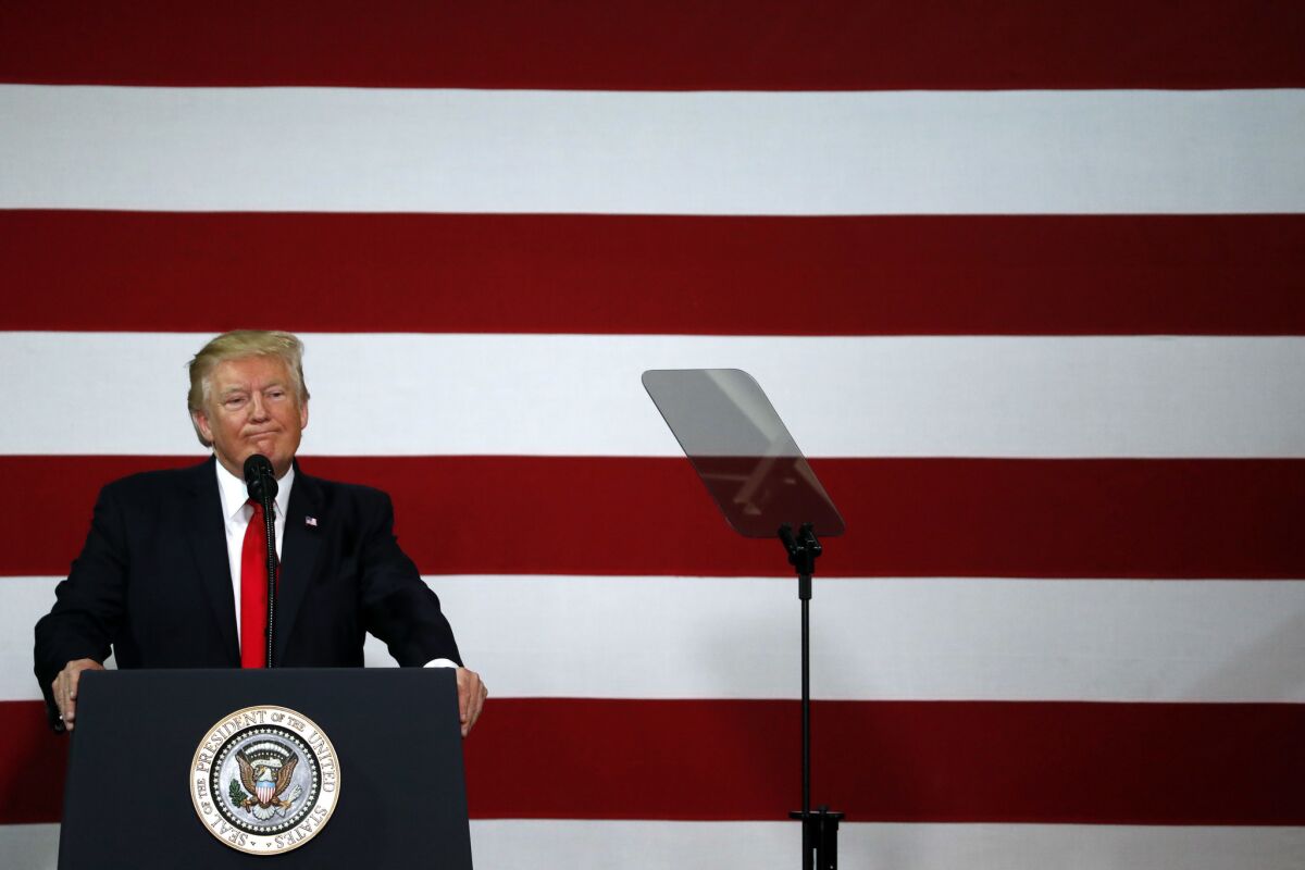 President Donald Trump delivers remarks on tax reform at the Loren Cook Company Wednesday, Aug. 30, 2017, in Springfield, Mo.