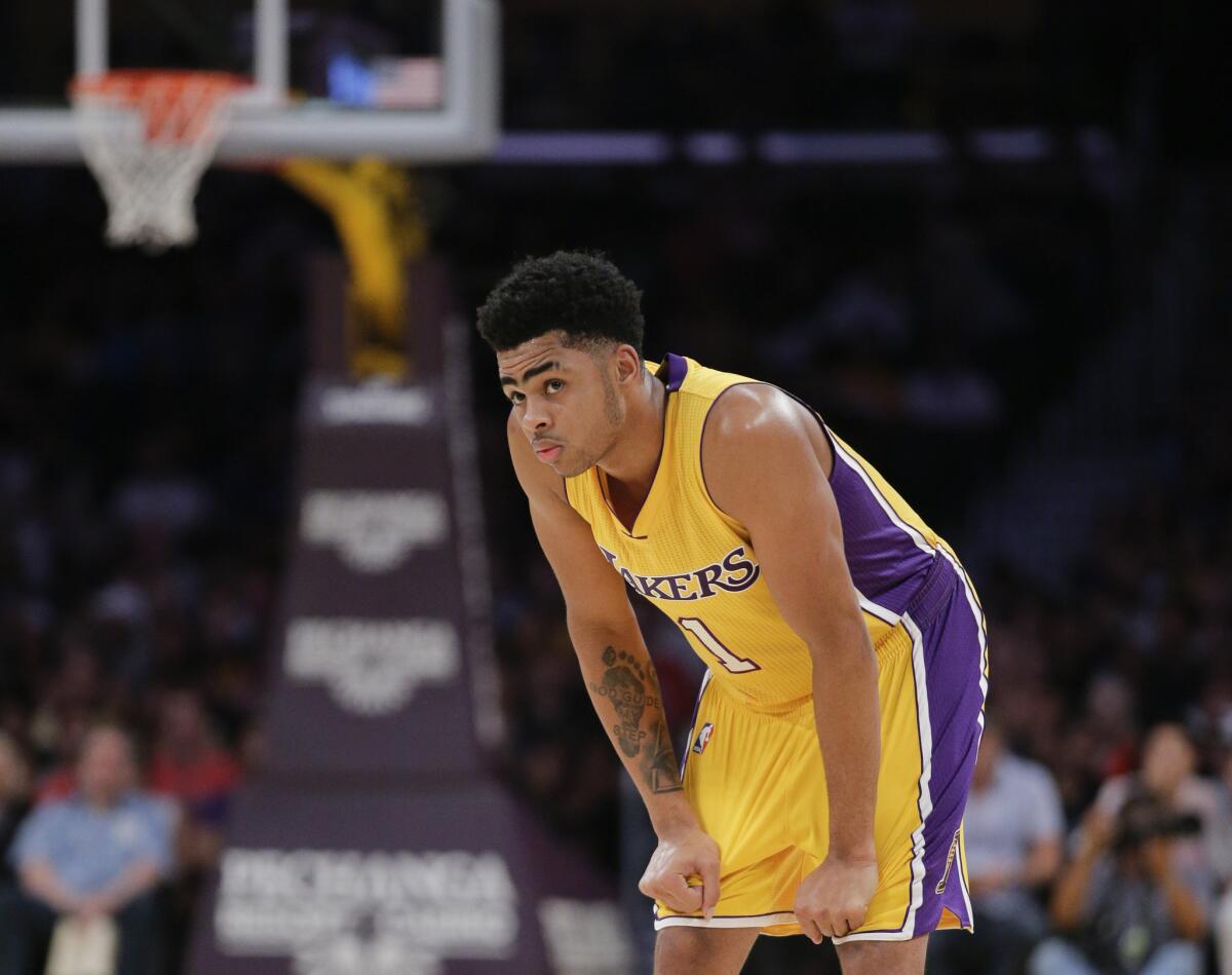 Lakers point guard D'Angelo Russell looks on during the first half of an exhibition game against the Maccabi Haifa on Sunday.