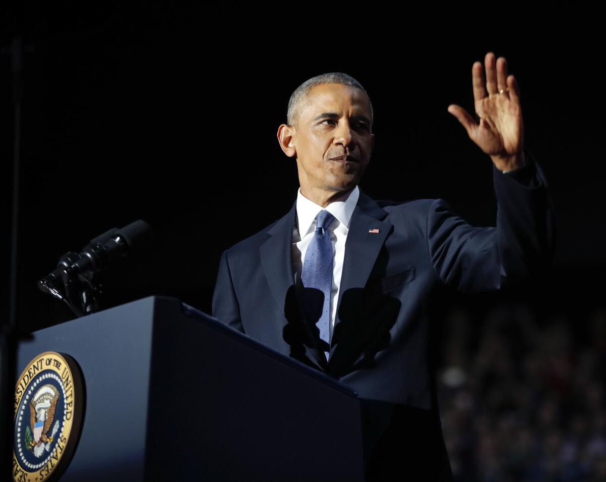 President Obama acknowledges the crowd during his farewell address at McCormick Place in Chicago on Jan. 10.
