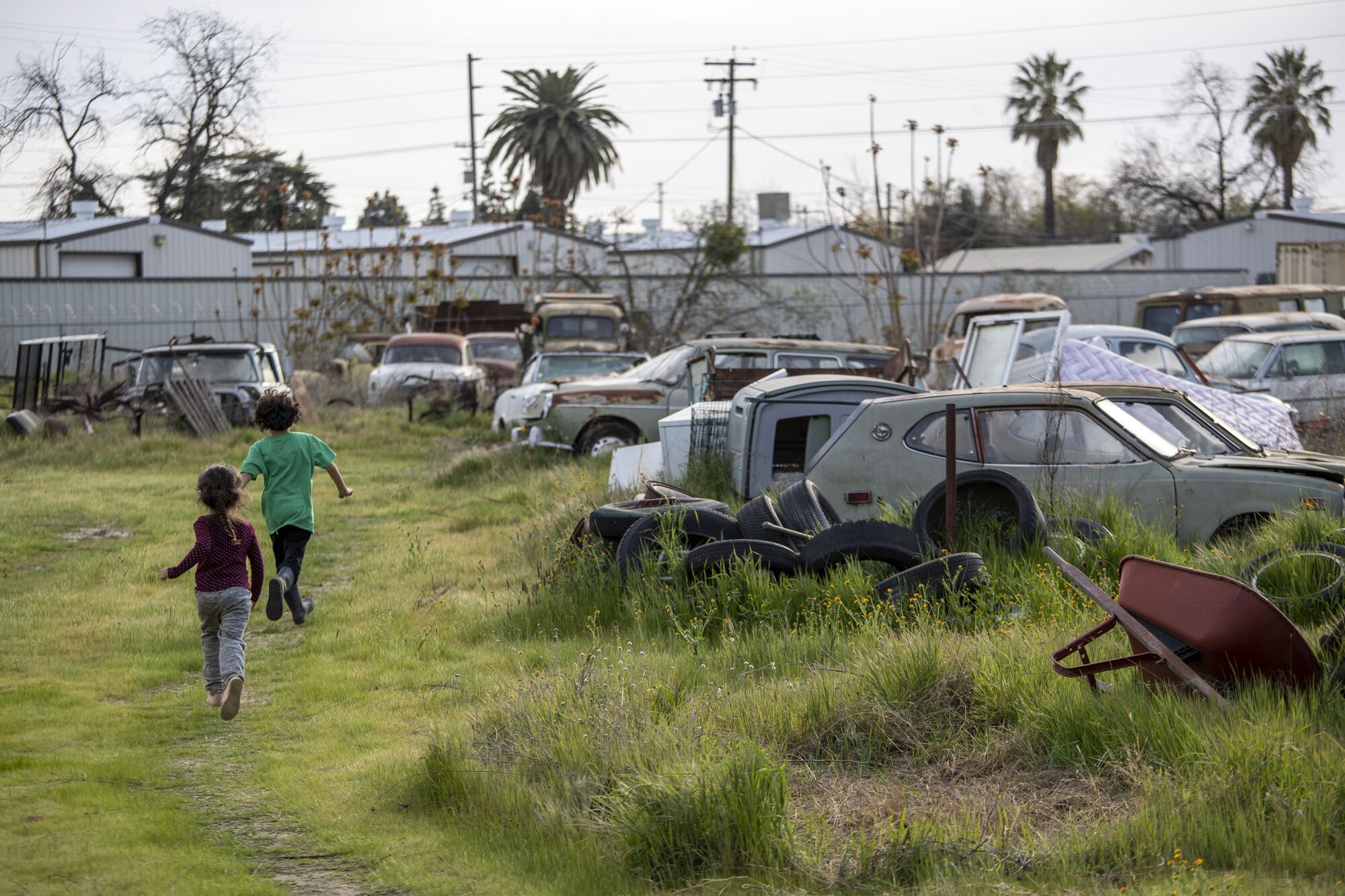 Children play in a field strewn with old cars, junk and antiques.
