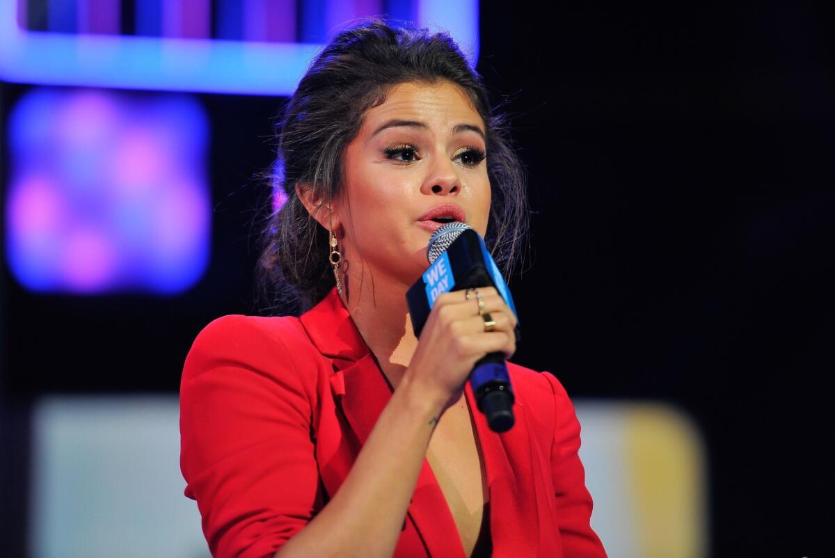 Selena Gomez speaks at a youth event in Oakland in March.