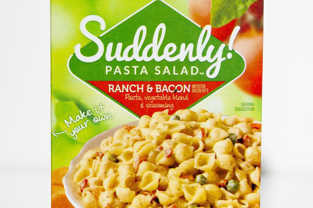 LOS ANGELES, CA, DECEMBER 26, 2024: Store bought grocery items that contain red dye #3, including Betty Crocker Suddenly! pasta salad, are photographed at the Los Angeles Times on December 26, 2024. High doses of red dye #3 were found to cause cancer in lab animals decades ago. A federal law known as the Delaney Clause says no compound shown to cause cancer in animals or humans can be in the food supply. The FDA acknowledged the cancer studies decades ago and used the findings to deny a request to approve the dye's use in cosmetics, however, red #3 was already being used in food, and for some reason its authorization has not yet been revoked. (Christina House / Los Angeles Times)