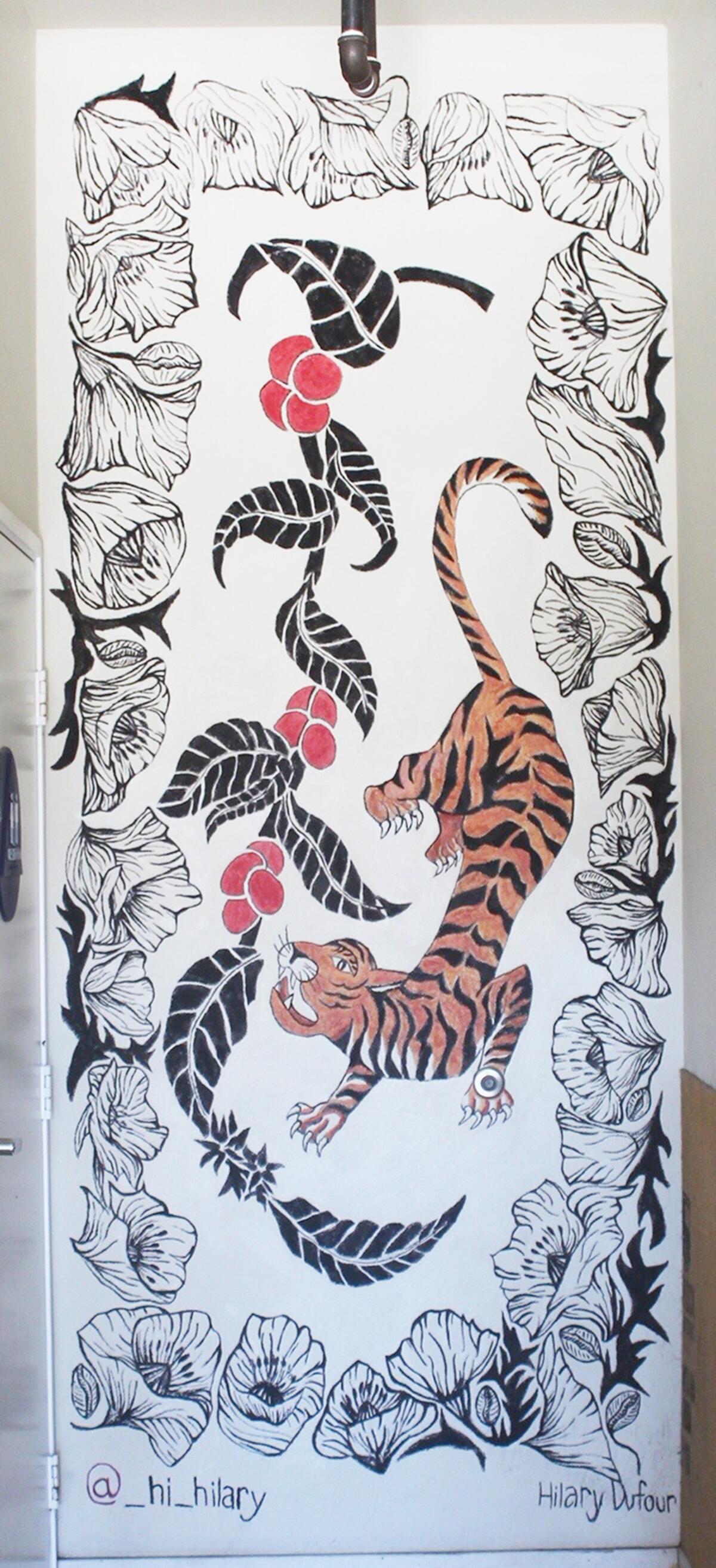A ying-and-yang tiger and coffee plant mural painted by Hilary Dufour at Coffee Cycle in Pacific Beach.
