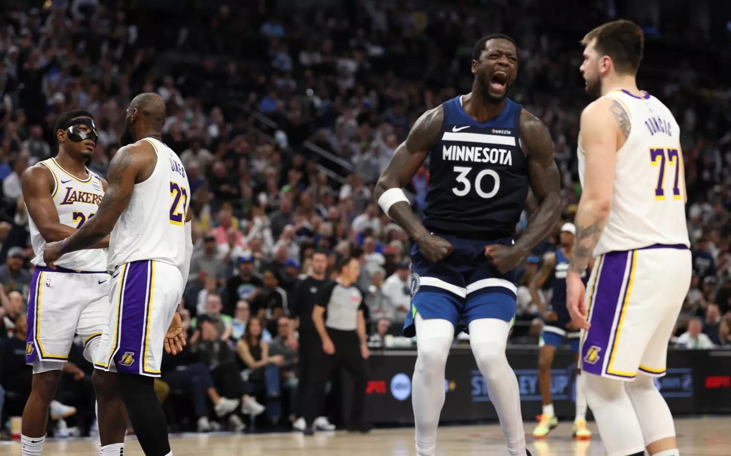Julius Randle of the Minnesota Timberwolves celebrates during Game 4 victory over the Lakers.