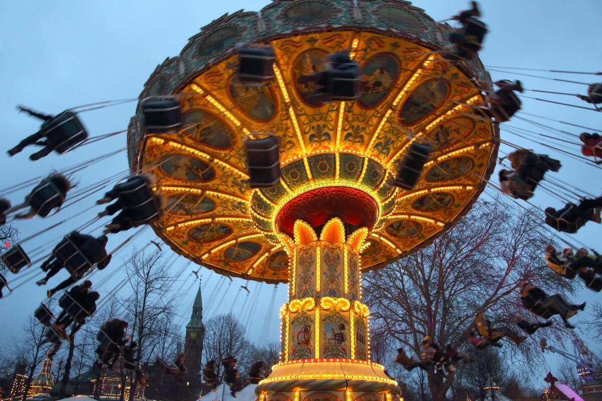 A spinning swing attraction in Tivoli Gardens in Copenhagen.