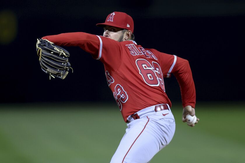 Angels starter Chase Silseth pitches against the Oakland Athletics during the sixth inning May 13, 2022.