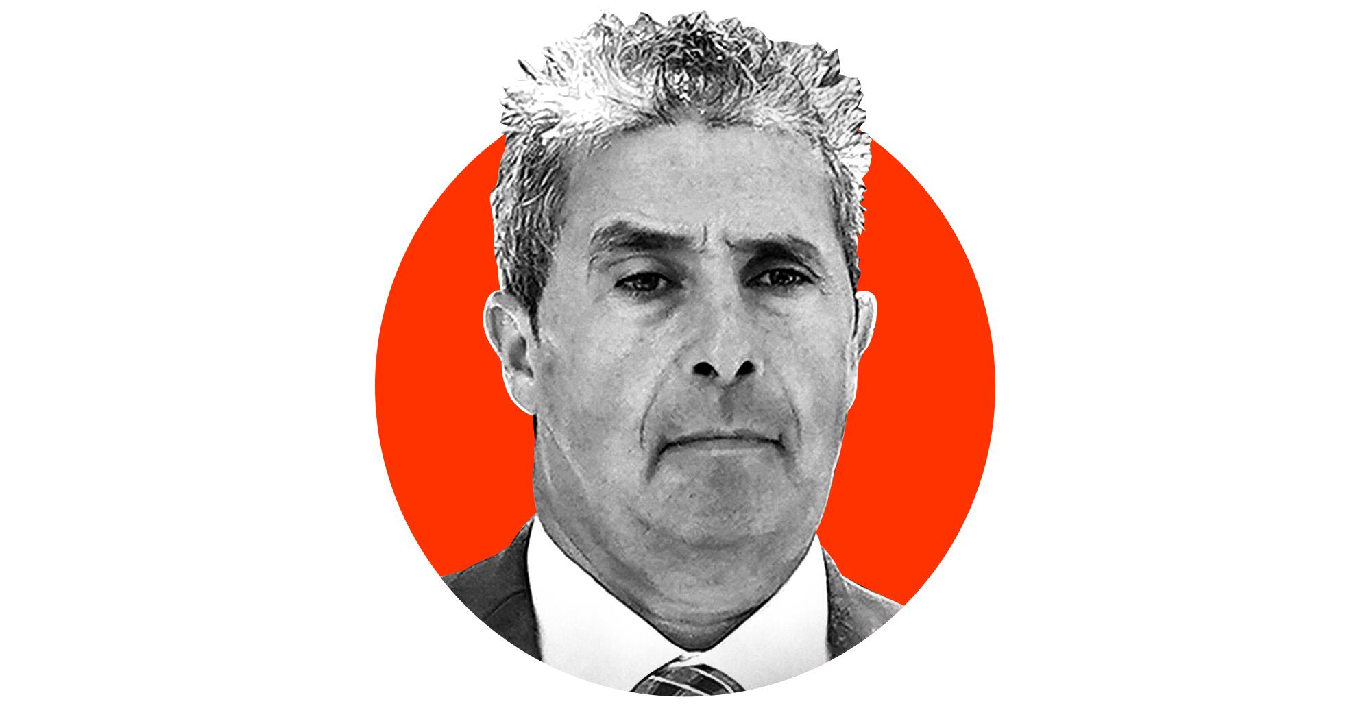A photo illustration of Mar-a-Lago employee Carlos De Oliveira's black-and-white police mugshot emerging from a red circle