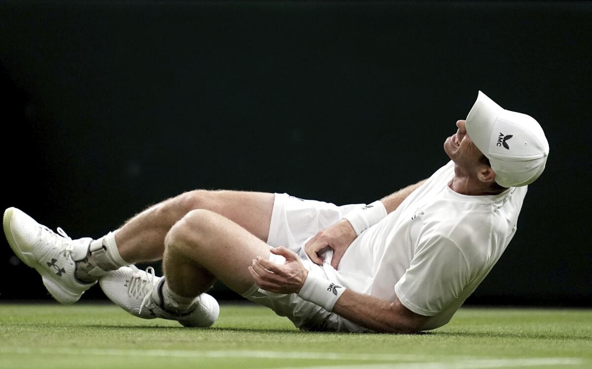 Andy Murray grabs his left leg with both hands after slipping and falling to the court at Wimbledon.