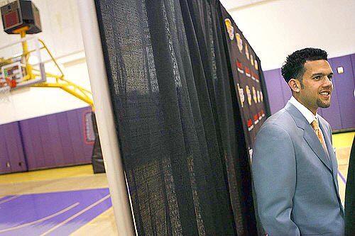 New Laker draft pick Jordan Farmar chats at the Lakers training facility in El Segundo.