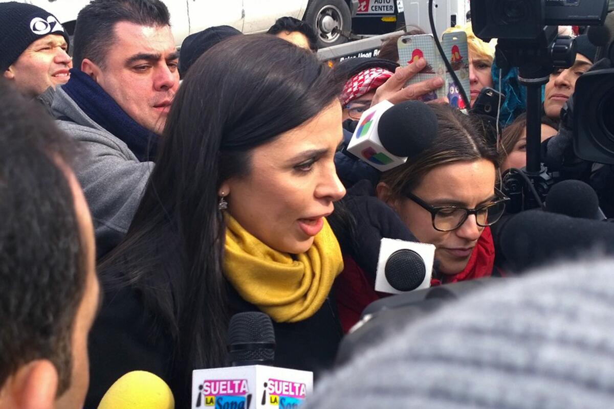 Emma Coronel Aispuro, wife of Joaquin "El Chapo" Guzman, talks with reporters as she leaves Brooklyn federal court following her husband's court appearance, Friday, Feb. 3, 2017 in New York.
