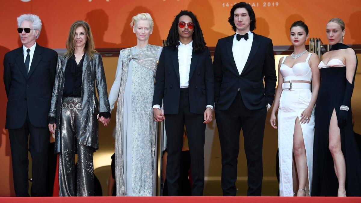 Jim Jarmusch, left, Sara Driver, Tilda Swinton, Luka Sabbat, Adam Driver, Selena Gomez and Chloe Sevigny at the Cannes premiere of "The Dead Don't Die."