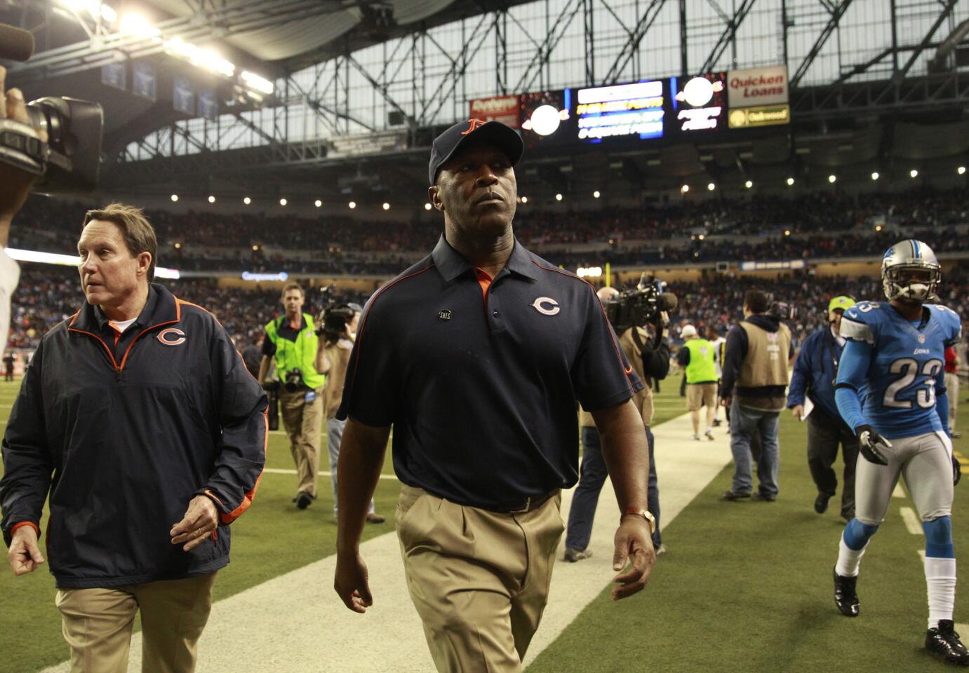 Lovie Smith walks off the field after the Bears beat the Lions in the 2012 season finale.